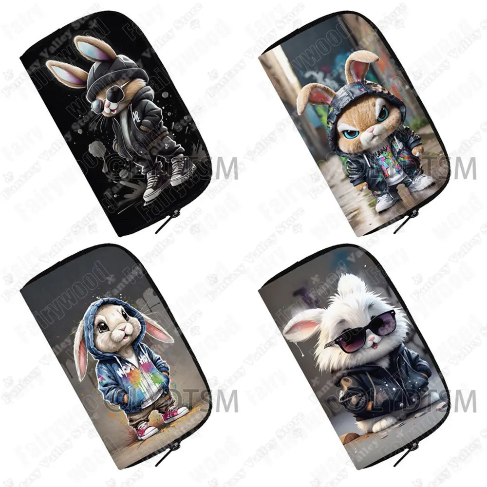 

Милый кошелек с принтом кролика, женский кошелек с рисунком Angry Rabbit, ID ключа, держатель для наушников, сумка для денег, длинные кошельки