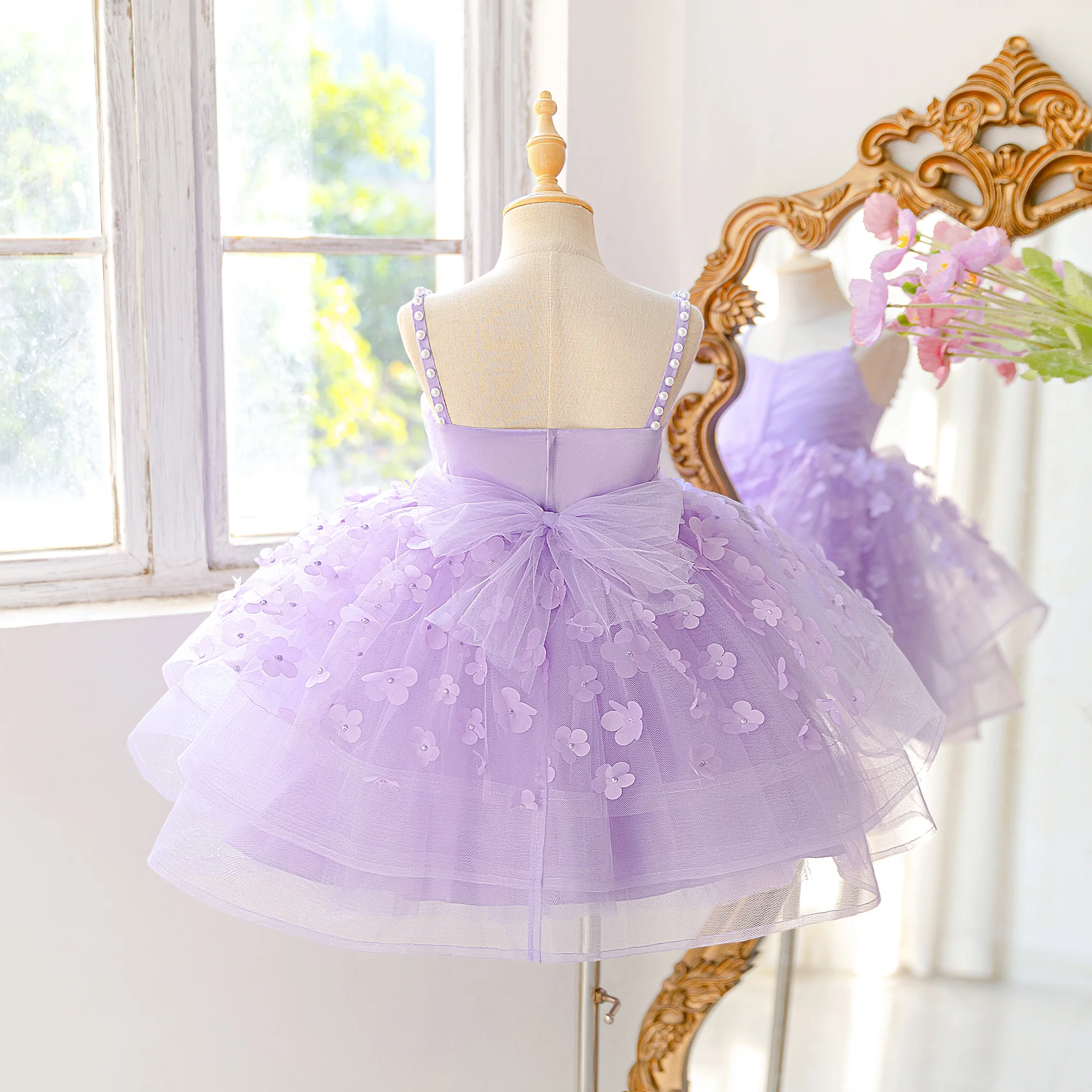 Elegant Flower Party Girls Dress Summer Wedding Bridesmaids Princess Prom Dresses Girl Bow Birthday Baptism Evening Kids Clothes view 2