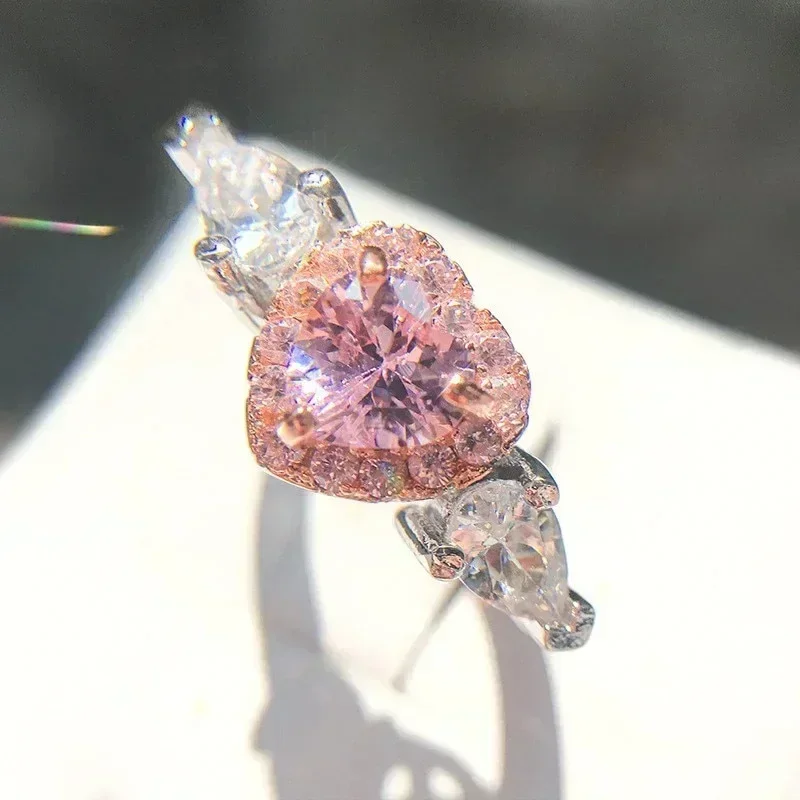 Pink Heart shaped Two tone Ring with a High Grade feel, Set  Cubic Zirconia Water Drop  Sparkling Jewelry Accessories