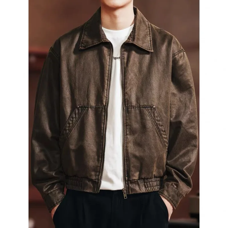 Retro americano Sle ort Jaet hombres otoño nueva ropa de abrigo Casual suelta BaAn aceite cera cuero aspecto Vintage fibra de poliéster