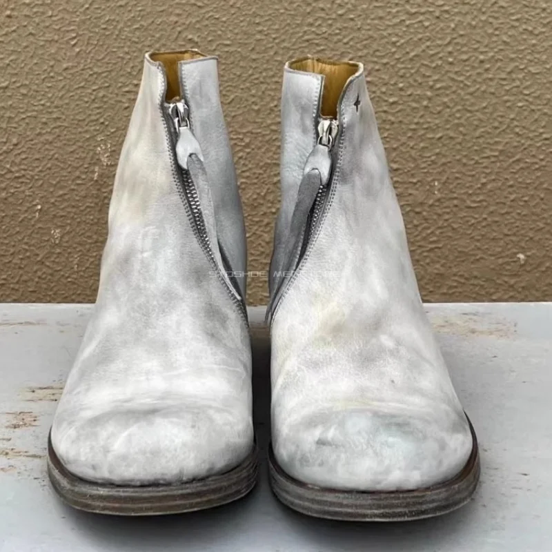White Gray Distressed Short Boots for Men Side Zipper Retro Short Tube Boots Dirty Round Toe Motorcycle Boots Slim Style