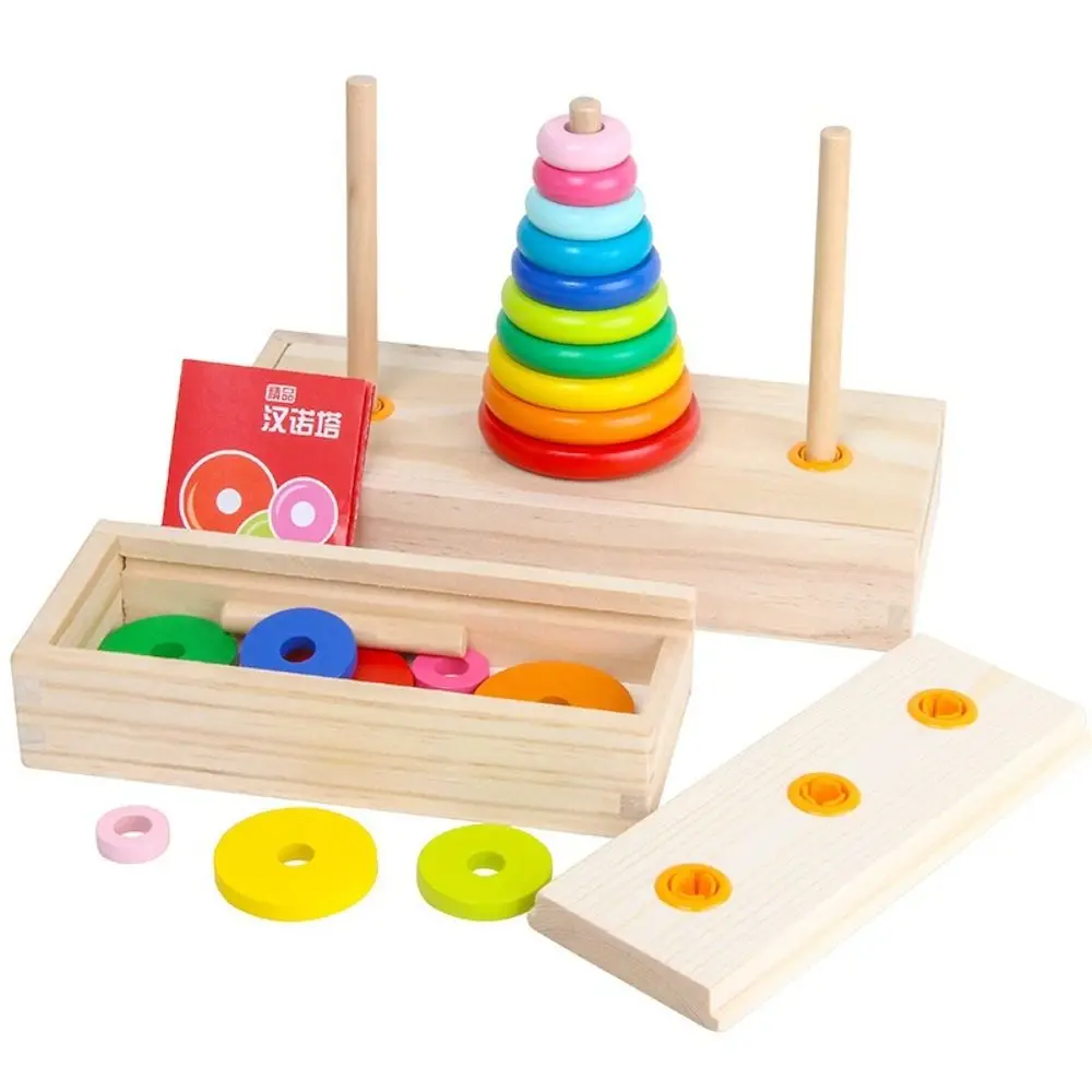 Wooden Material Hanoi Tower Fine Motor Training Classic Design Montessori Wooden Toys Rainbow Colors With Storage Box