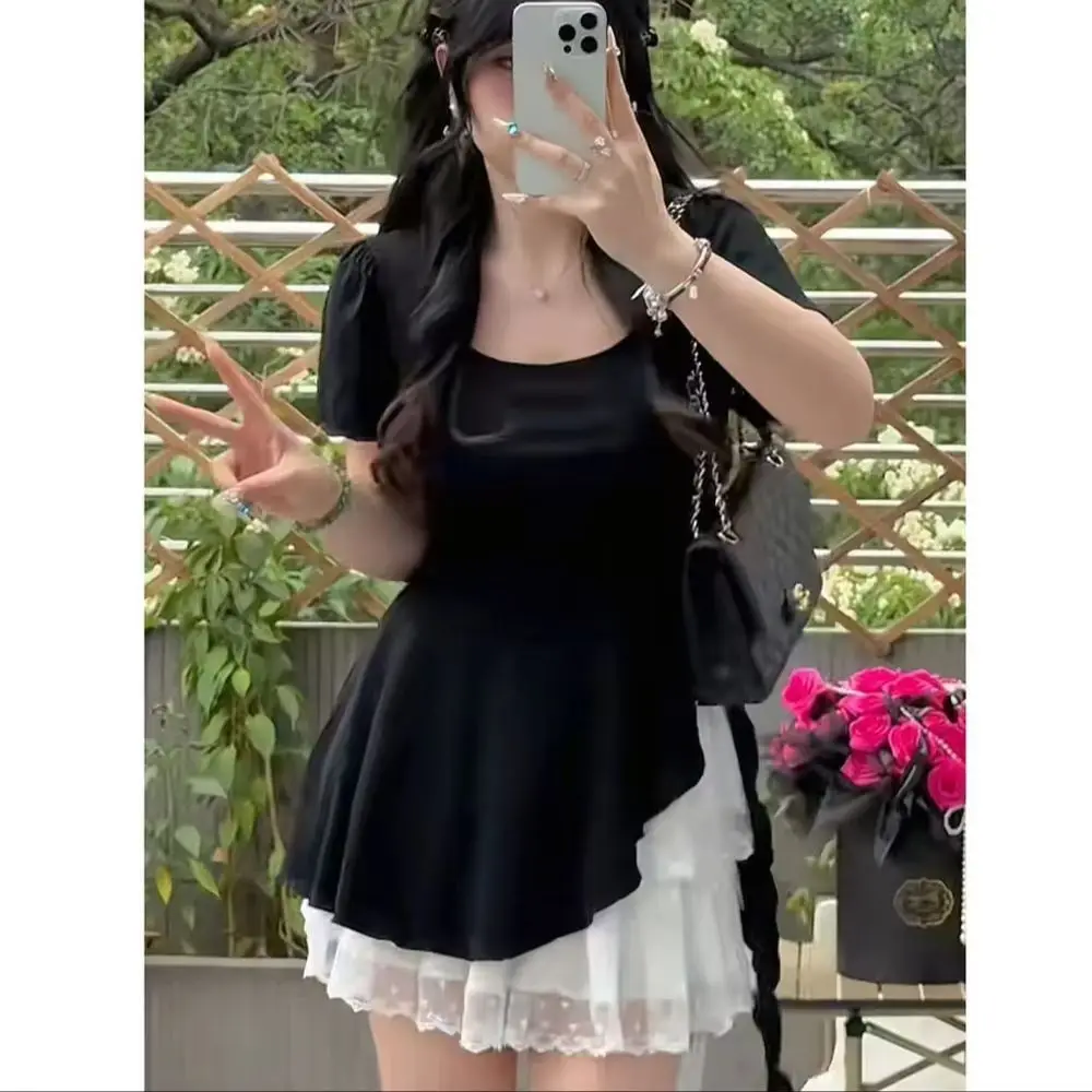 Women's Yellow Square Neck Ruffled Sleeve Mini Dress Summer Sweet Lace Patchwork Slim A-Line Dress Casual Elegant Cute Outfits