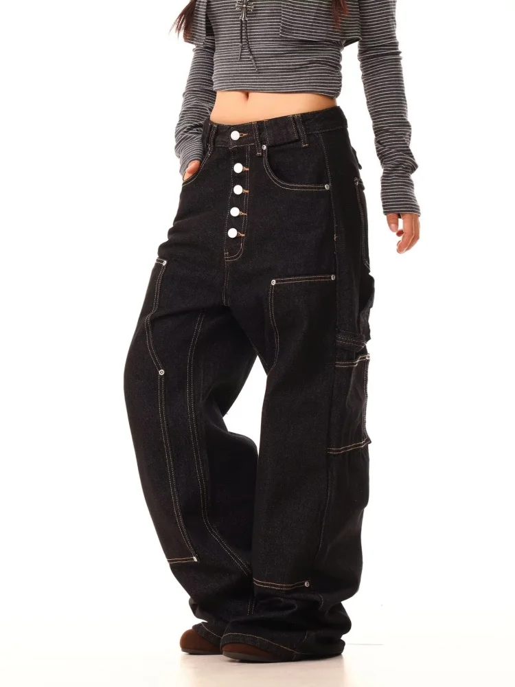 2025 pantalones vaqueros Cargo holgados negros estilo Retro americano Y2K para mujer, ropa para mujer, pantalones vaqueros rectos de algodón