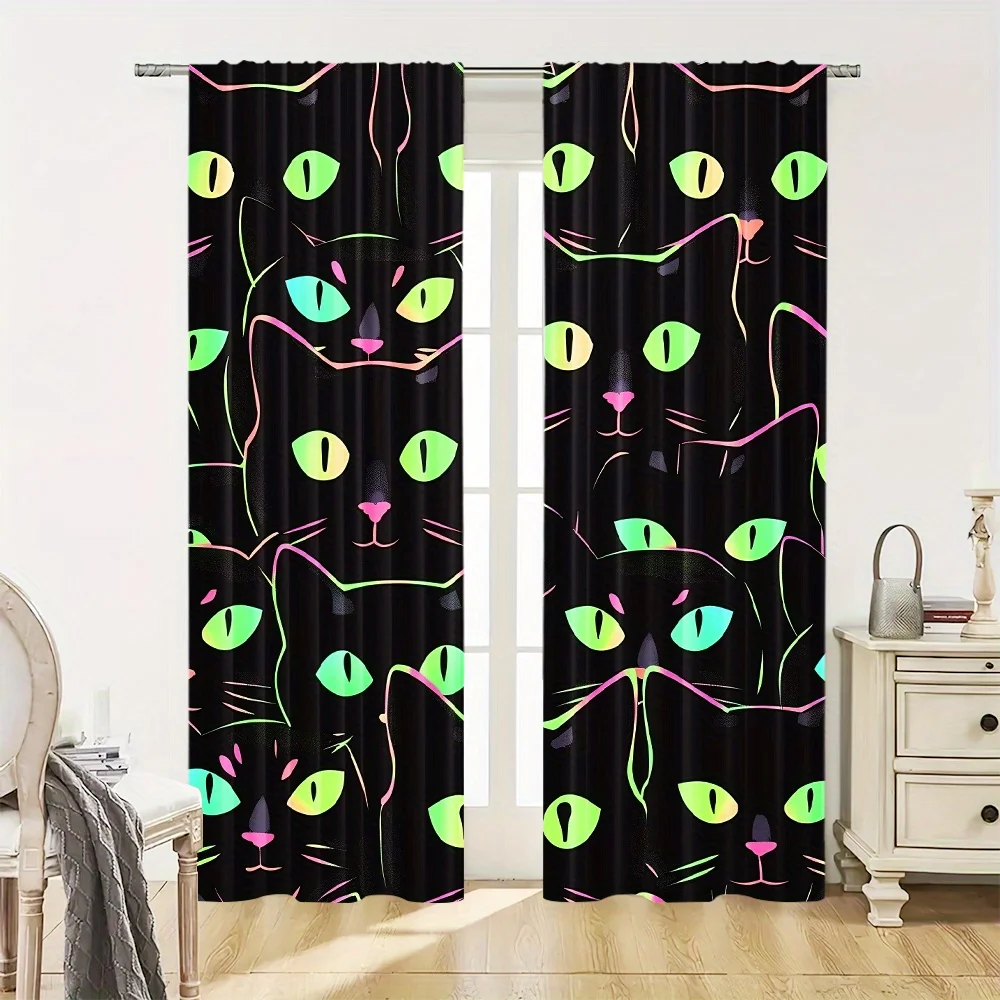 2pcs Black Neon Cat Face Print Curtains Pair Modern Aesthetic Living Room Window Curtains Home Decor Curtain Accessory