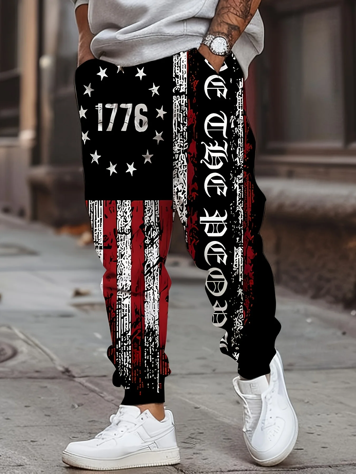 3D American Flag Pattern Street Pants Men's Side Pockets Elastic Drawstring Sweatpants Joggers Pants for Men Casual Trousers