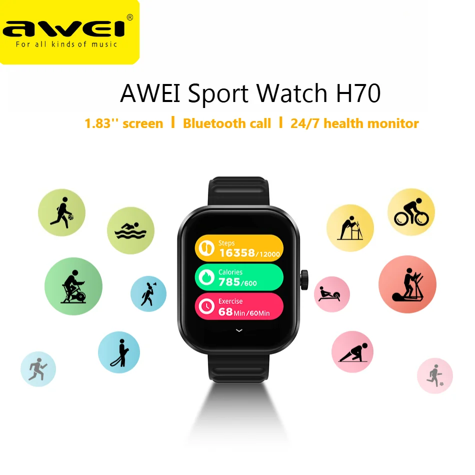 

Awei H70 Smart Sport Watch APP Heart Rate Blood Oxygen Sleep Monitoring Bluetooth Wrist Watch for Men Women Reloj 2026 Gift