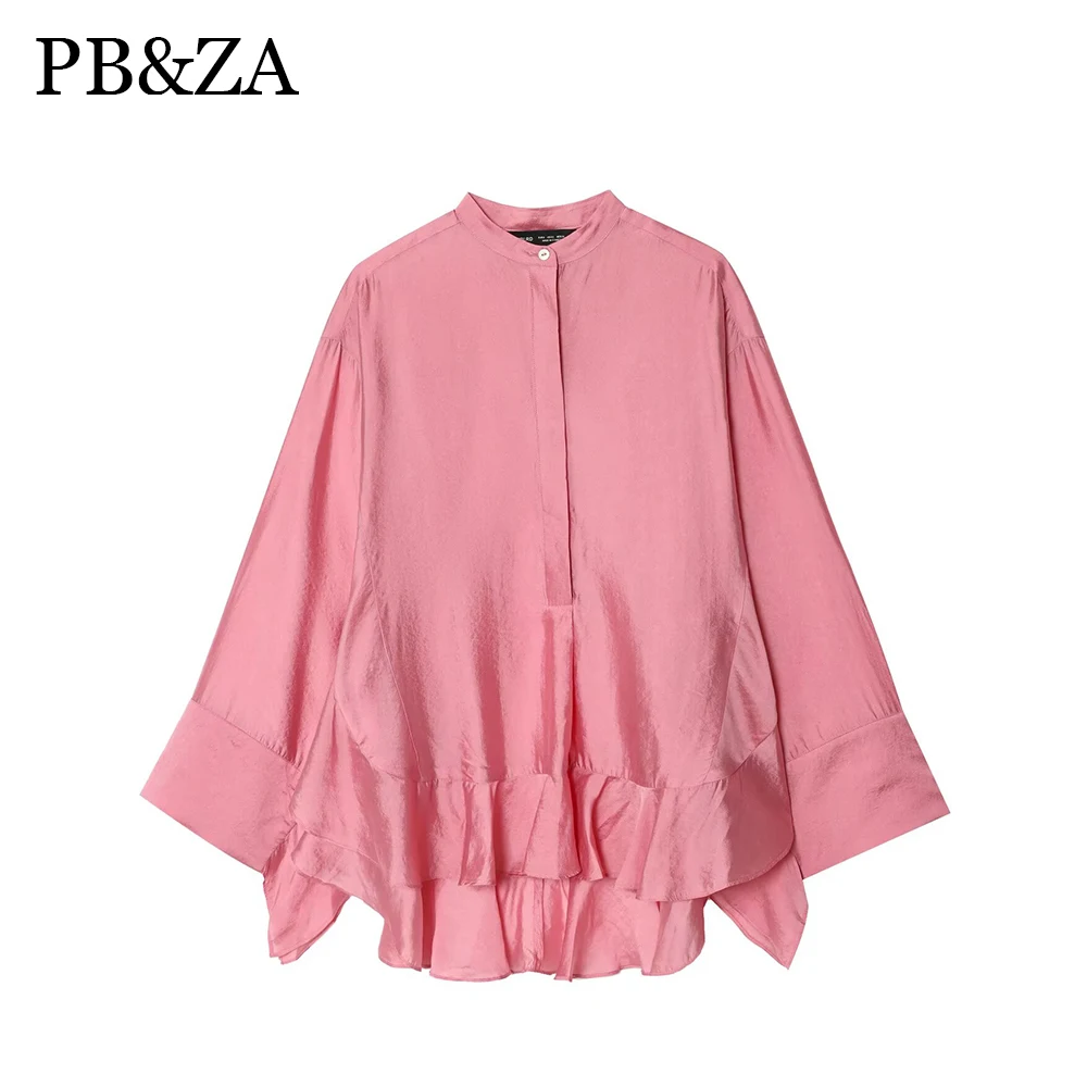 Frauen einfarbig gekräuselte taste rundhals fledermaus lange ärmeln lose hemd herbst neue süße temperament top