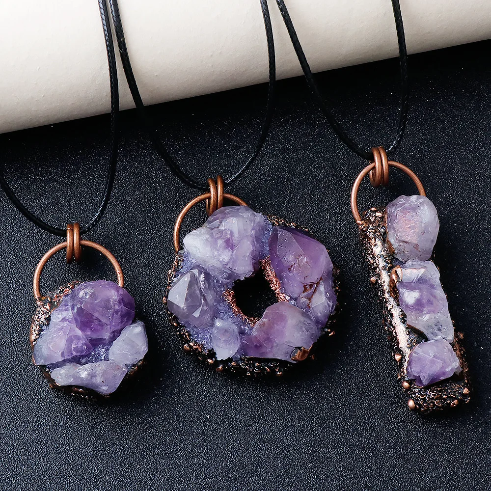 

Vintage Copper Wrapped Amethyst Raw Stone Pendant Necklace, Natural Crystal Donut Bar Necklace for Women