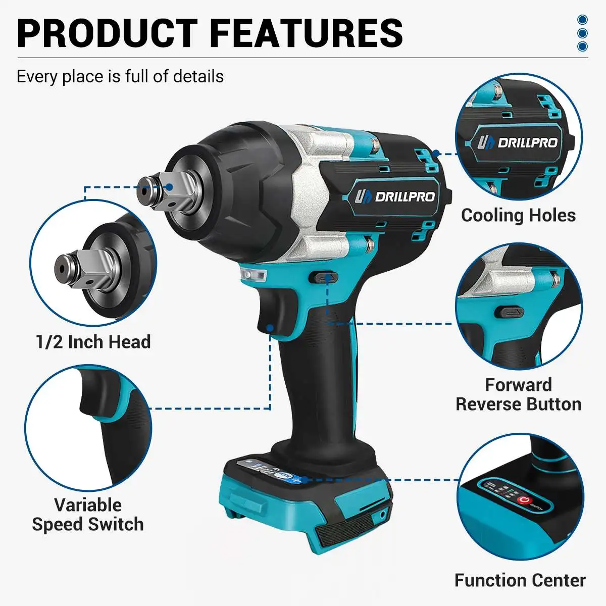 Drillpro 1000N.M Brushless Electric Impact Wrench 1/2 INCH with 3 Gear Speed Cordless Wrench Car Power Tools For Makita Battery