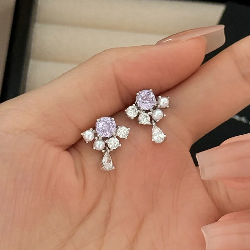 S999 Sterling Silver Needle Exquisite Flower Beads Zircon Pendant Stud Earrings for Charm Women Fashion Jewelry Accessories