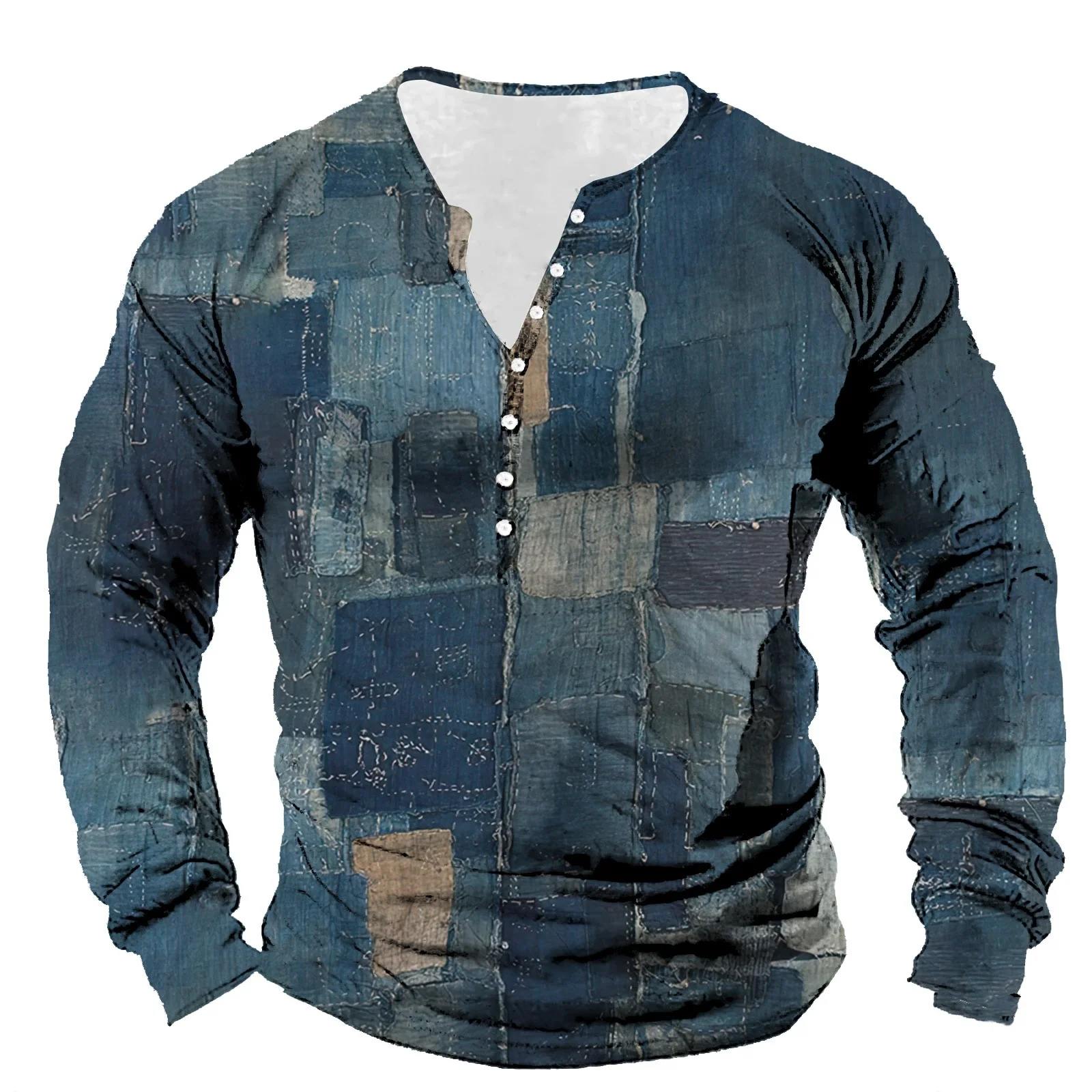 Patchwork Denim Vintage Men\'s T Shirt Patchwork Grid Pattern Long Sleeve 3D Print Long Sleeve T Shirt Oversized Men\'s Button Top