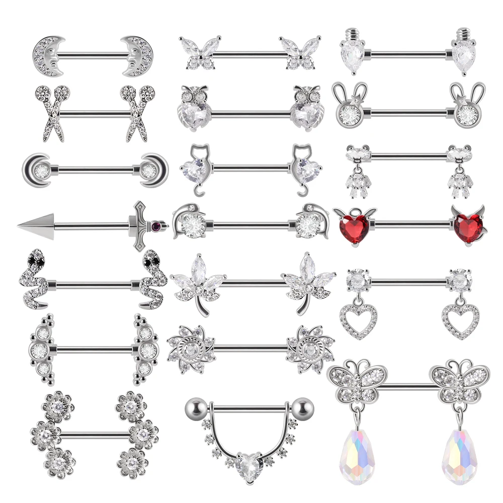 Pair 361L Surgical Steel Nipple Barbell Ring Moon Shape Nipple Ring Nipple Shield 14G Tongue Piercing Body Jewelry