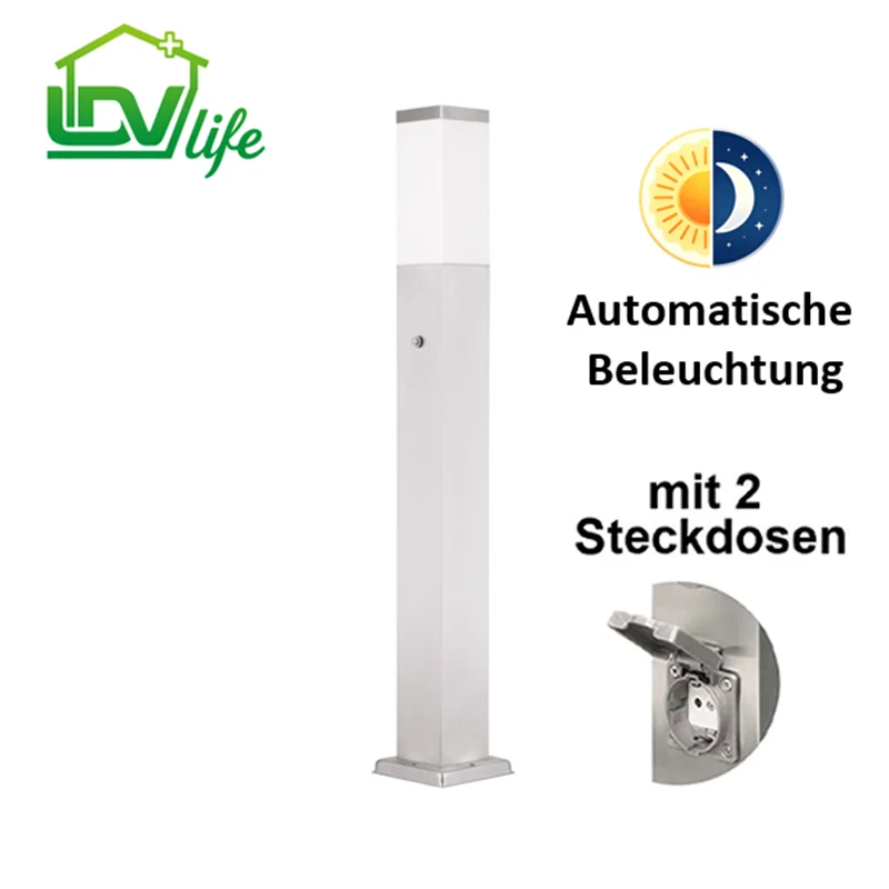 Lampadaire extérieur avec capteur crépusculaire |     Lampe de poteau extérieure avec douille E27 |     Avec 2 prises électriques |     Ip 44 (Acier inoxydable, 80 cm)