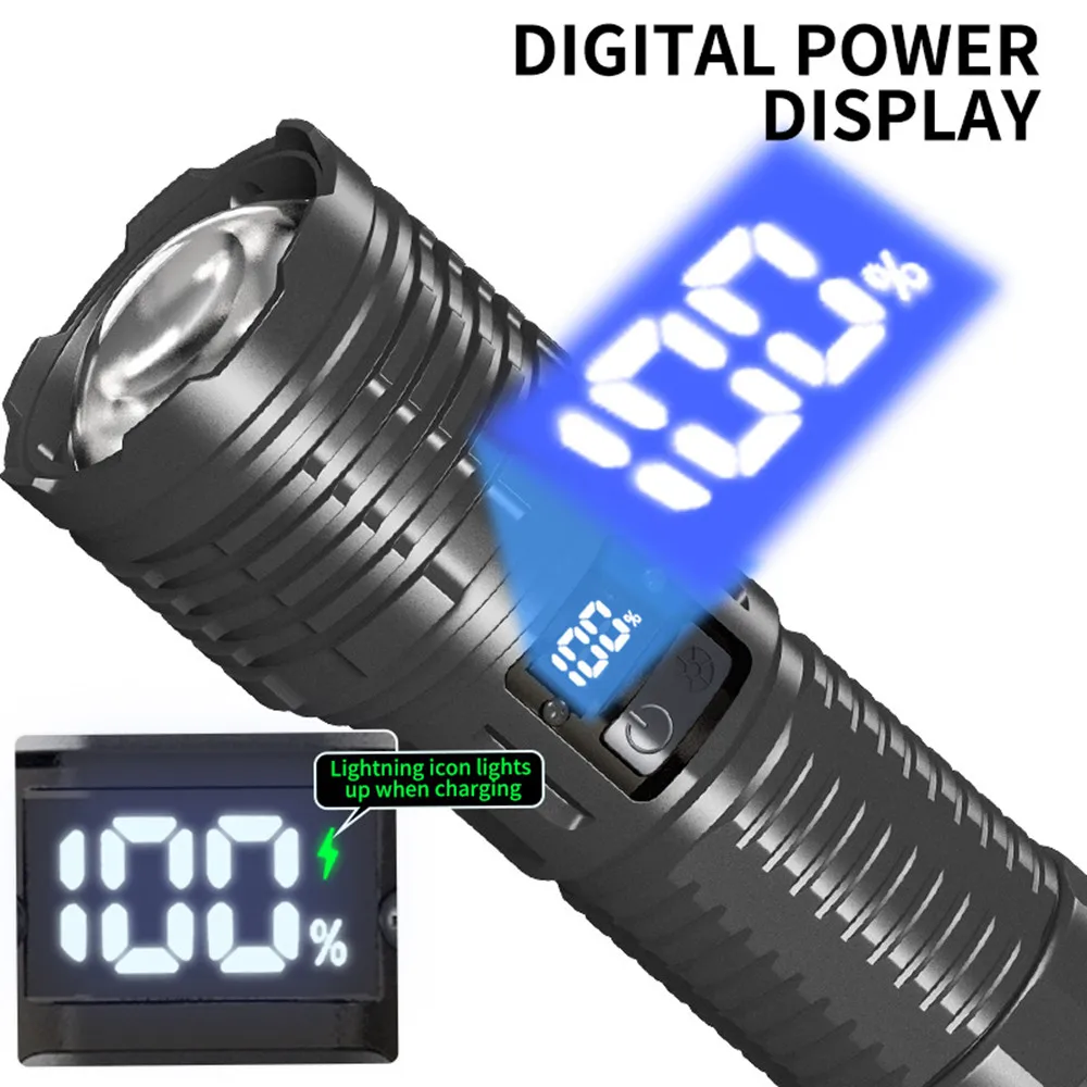 High Power XHP360 LED Flashlight Multifunctional With Digital Display Tail lights Handle For Outdoor Camping Lighting