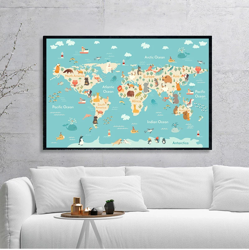 Cartoon Animal Ocean World Map Child Poster Nursery Canvas Print Baby Enlightenment Wall Art Picture Painting Kid Bedroom Decor