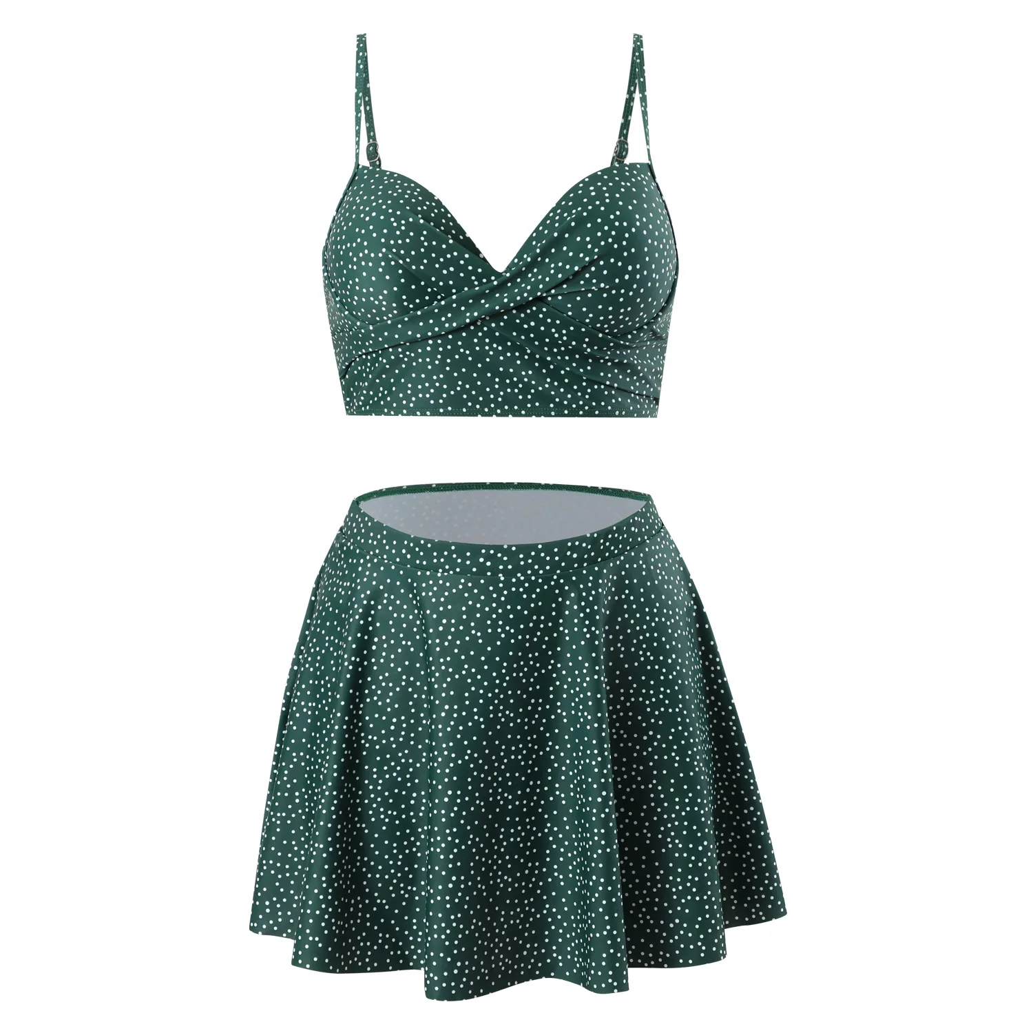 Ensemble Bikini à pois vert foncé pour femmes, haut croisé sur le devant avec jupe inférieure pour les vacances à la plage, maillot de bain