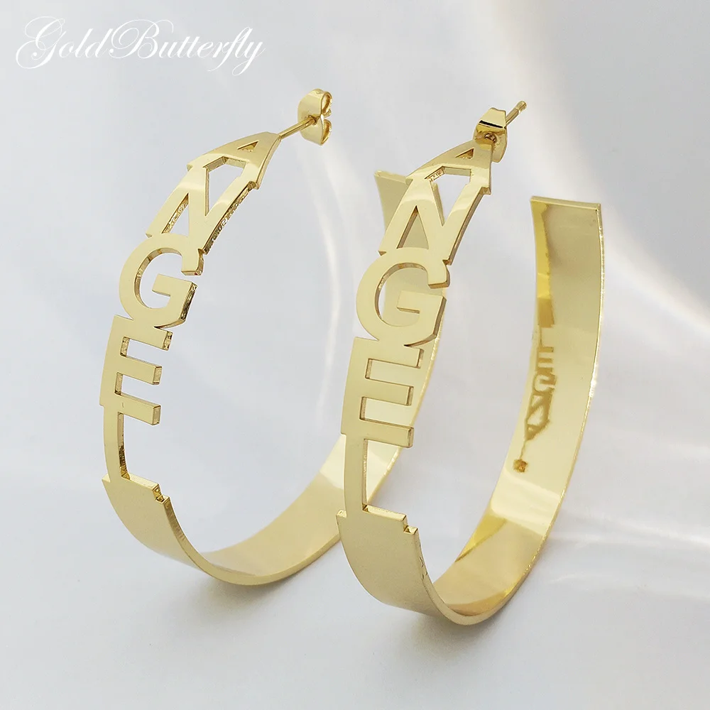 GoldButterfly 50mm-90mm C Tapered Name Earrings Customize Name Earrings Personalized Big Large Hoop Signature Earrings