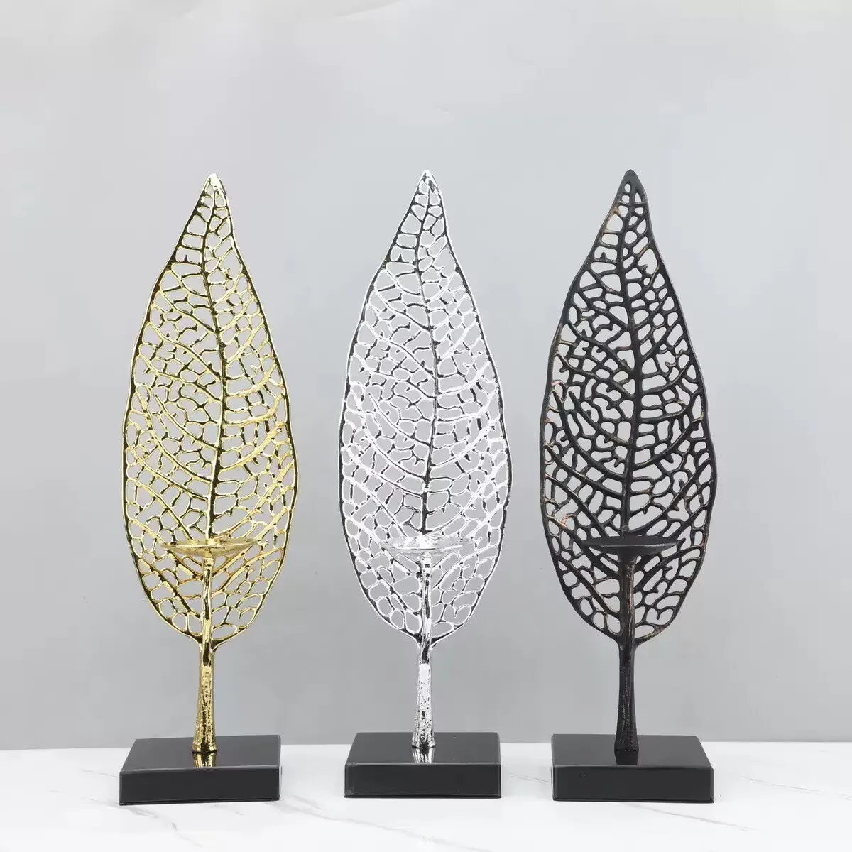 Room Decor Items Nordic Metal Marble Hollow Leaf Candlestick Decoration Ornaments Living Room Desktop Sample Room Crafts