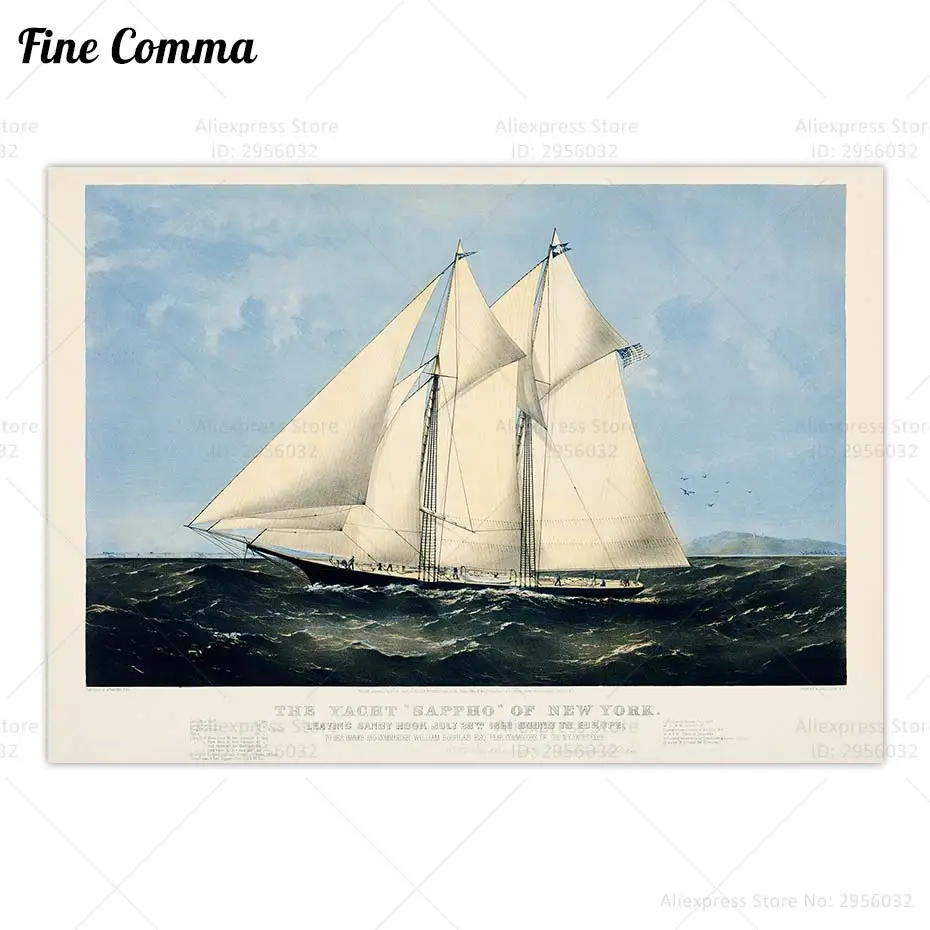 Sailing Ship Antique Nautical Wall Art Yacht Sappho Vintage Poster Nautical Painting Boat Beach House Painting Home Decor Gift view 2