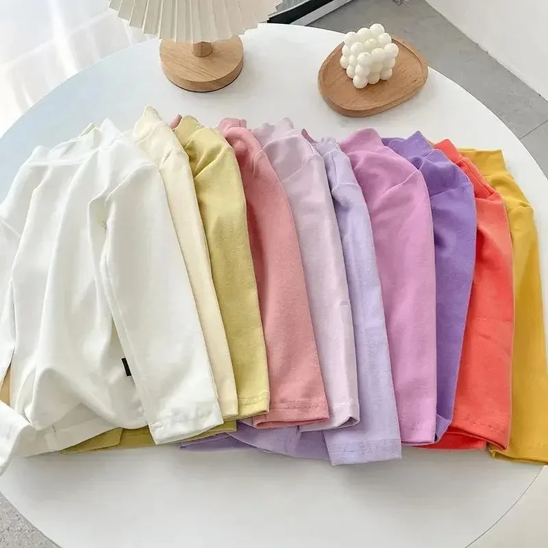 Boys and Girls T-Shirt Long-sleeved Top Tees Toddler Solid Color Sweatshirts 2025 Spring Autumn Children\'s High Collar Clothing