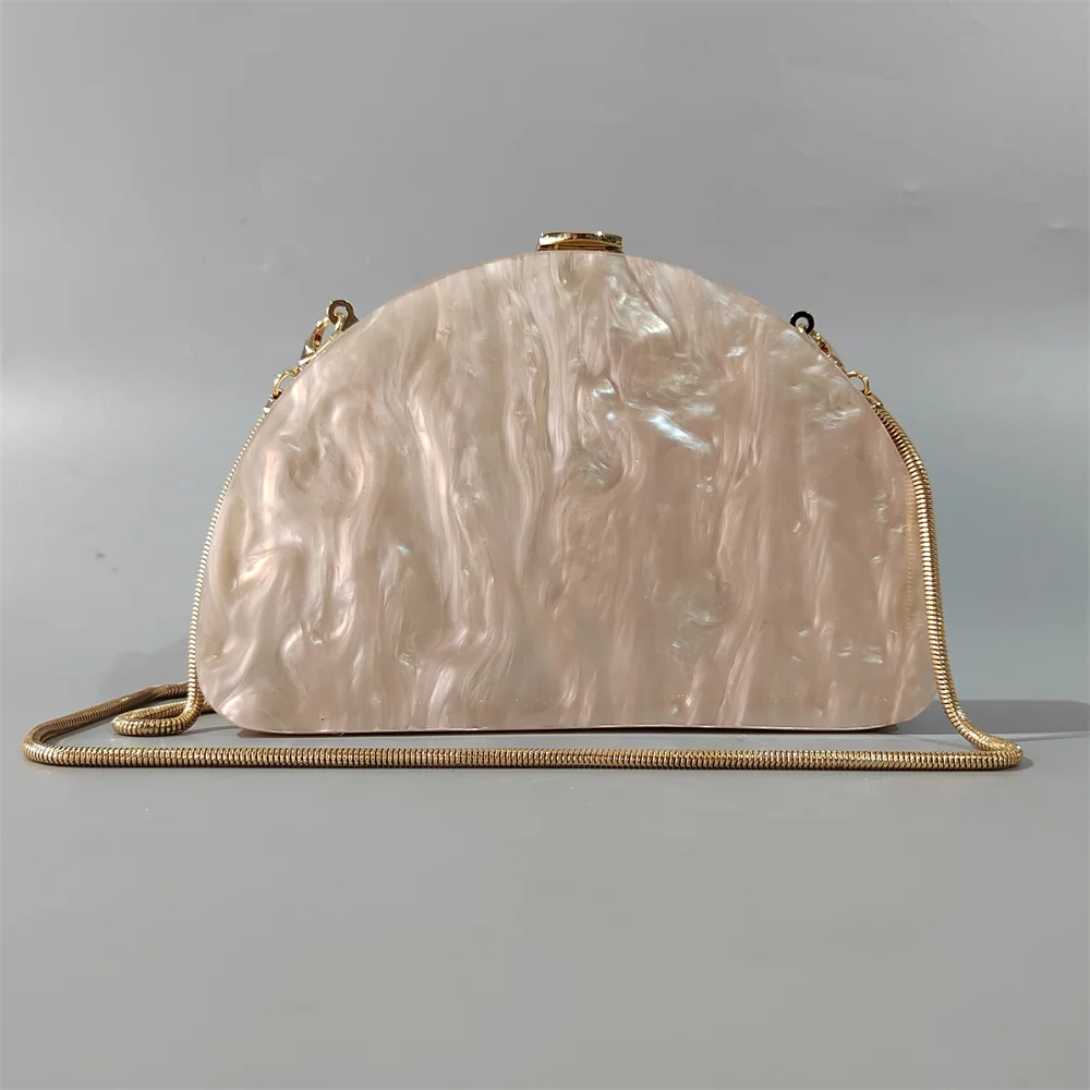 Apricot Color Half Roon Pearl  Champagne Acrylic Box Clutches Evening Lady Travel Party Gilr Shoulder Messenger Wallet Bags