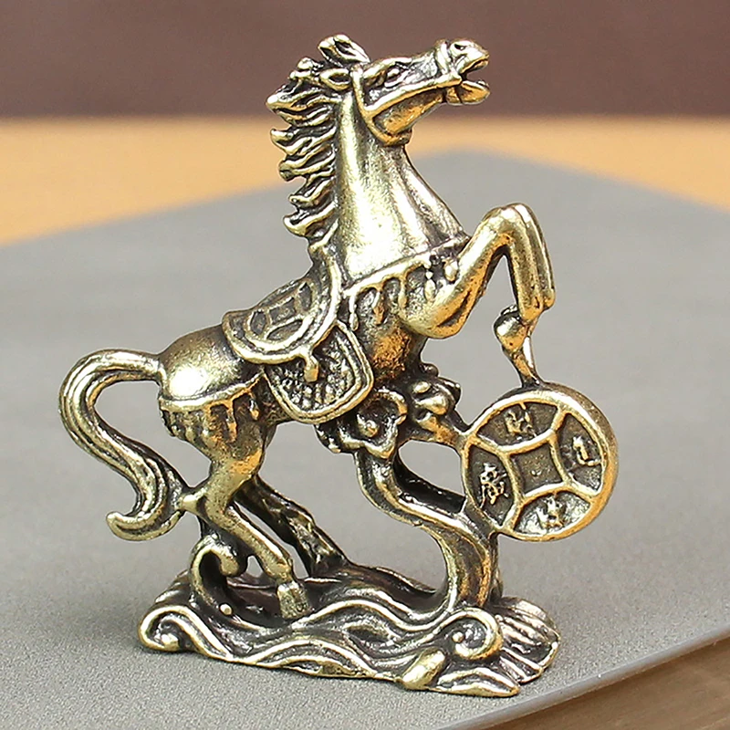 Brass Horse Step On Coins Lucky Statue Feng Shui Desk Miniatures Pure Copper Crafts Collections Chinese Home Office Figurines