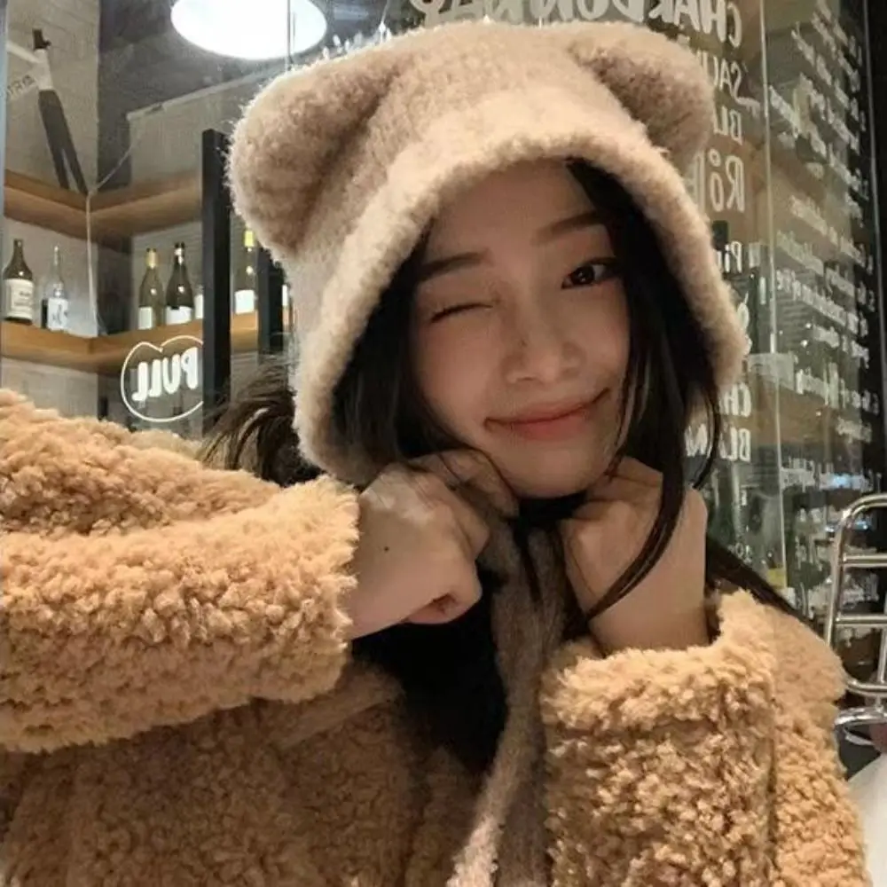 أزياء لطيف لامبير الدب الأذن قبعة Harajuku الدافئة أفخم محبوك قبعة الدب في الهواء الطلق سميكة Y2K بيني قبعات النساء