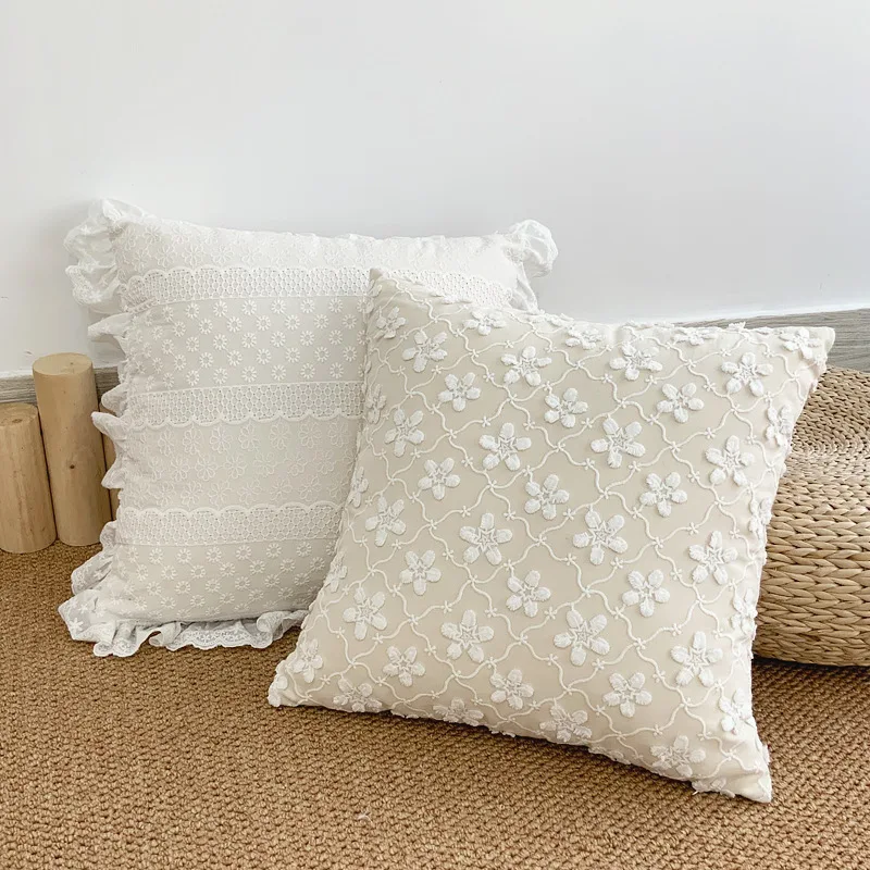 Boho White Decorative Pillows for Sofa Cotton Linen 3D Floral Lace Pillowcase Sofa Cushion Cover Wedding Decor Throw Pillows