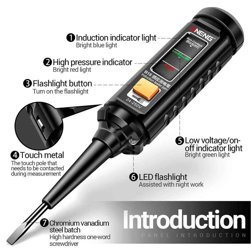 ANENG-B15 Indução Tester Pen, Caneta de Teste Chave De Fenda Eletricista De Uma Palavra, AC Detecção De Tensão, Ferramentas Elétricas, 24-250V