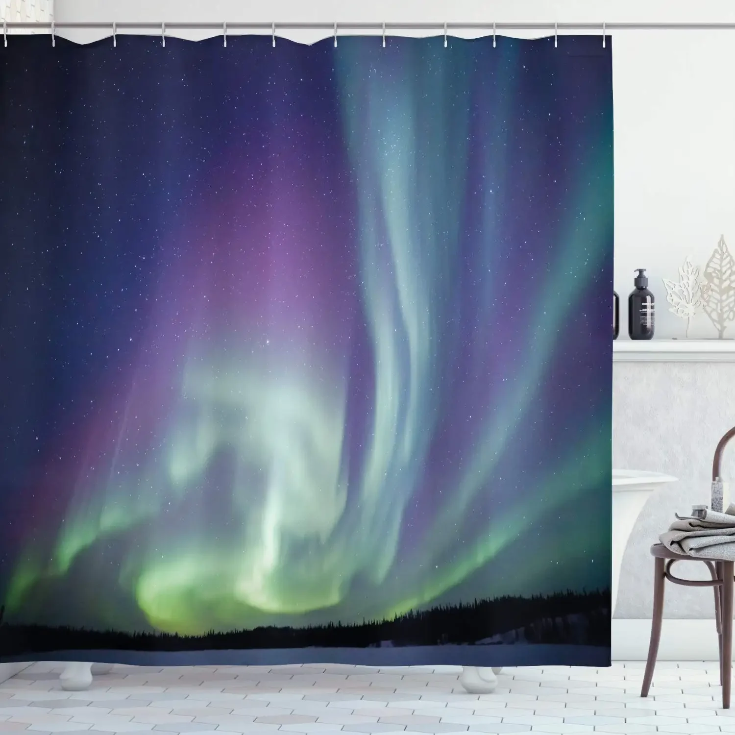 Aurora Borealis Shower Curtain Starry Sky Calming Night Image Cloth Fabric Bathroom Curtains with 12 Hooks Dark Blue Mint Green