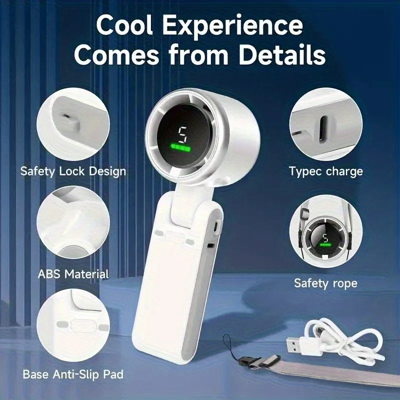 

Portable Handheld Turbo Fan 5-Speed Adjustable, USB- & Rechargeable Battery, Foldable Neck Strap & Low-Voltage Motor for Cooling