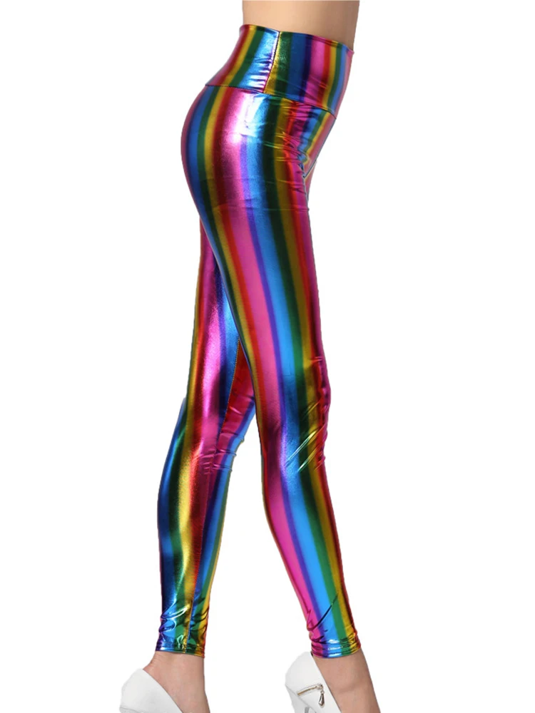 Rainbow Nightclub Sexy Leggings Women PU Faux Leather Leggins New Pencil Pants Streetwear Jogging