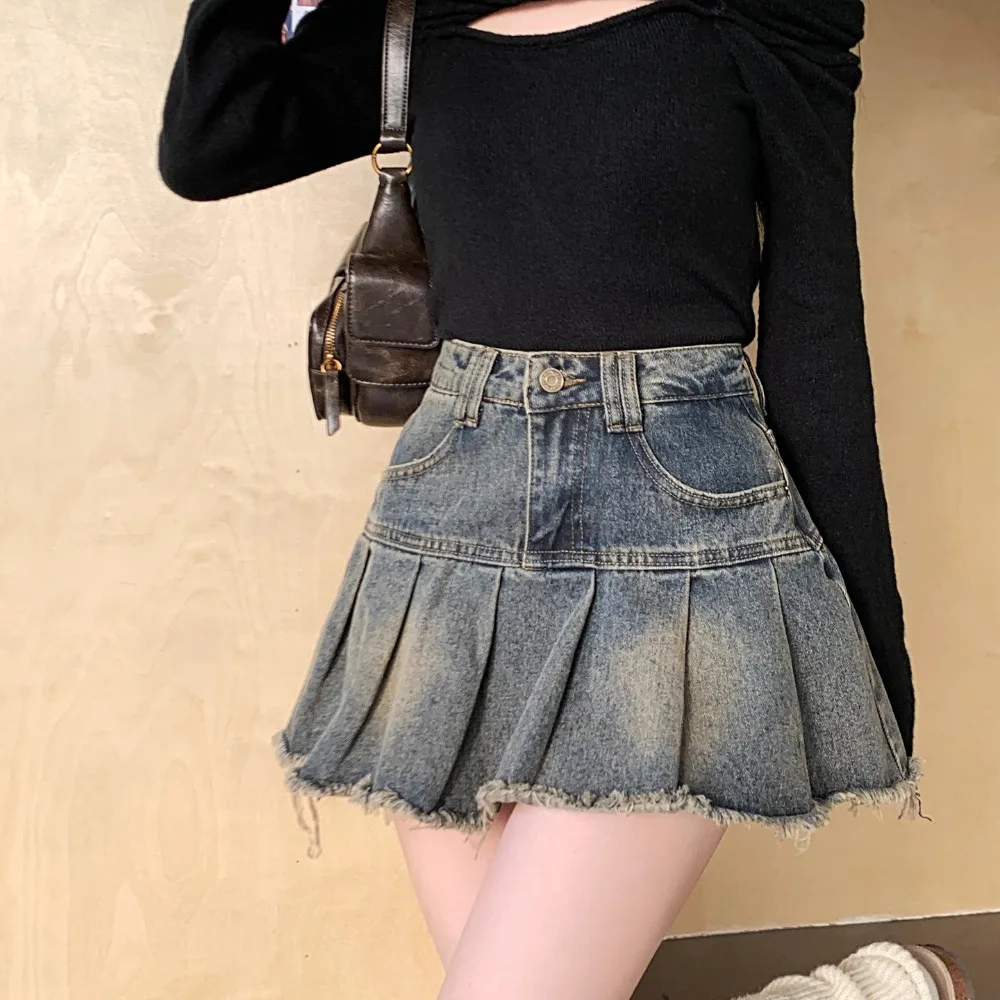 

Beautiful Solid Color Retro Ruffled Skirt Denim Cloth Summer Skirt Cowboy Skirt