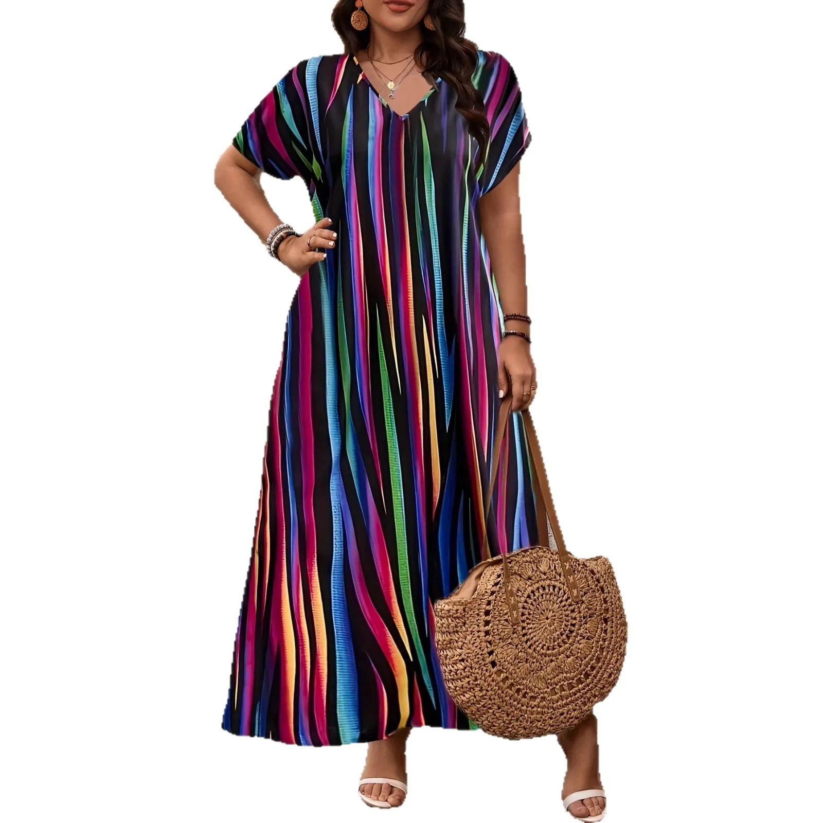 

Новое весенне-летнее элегантное платье с радужным принтом в полоску для женщин больших размеров, повседневное, в расслабленном стиле, с коротким рукавом, длинное.