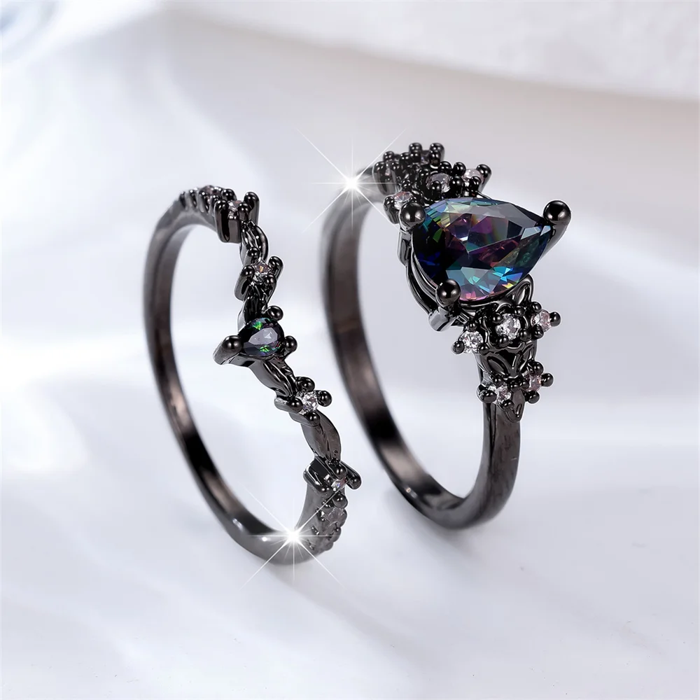 Water Drop Stone Rainbow Crystal Flower Multicolor Zircon Ring Sets For Women Black Metal Engagement Bands Wedding Jewelry Gifts