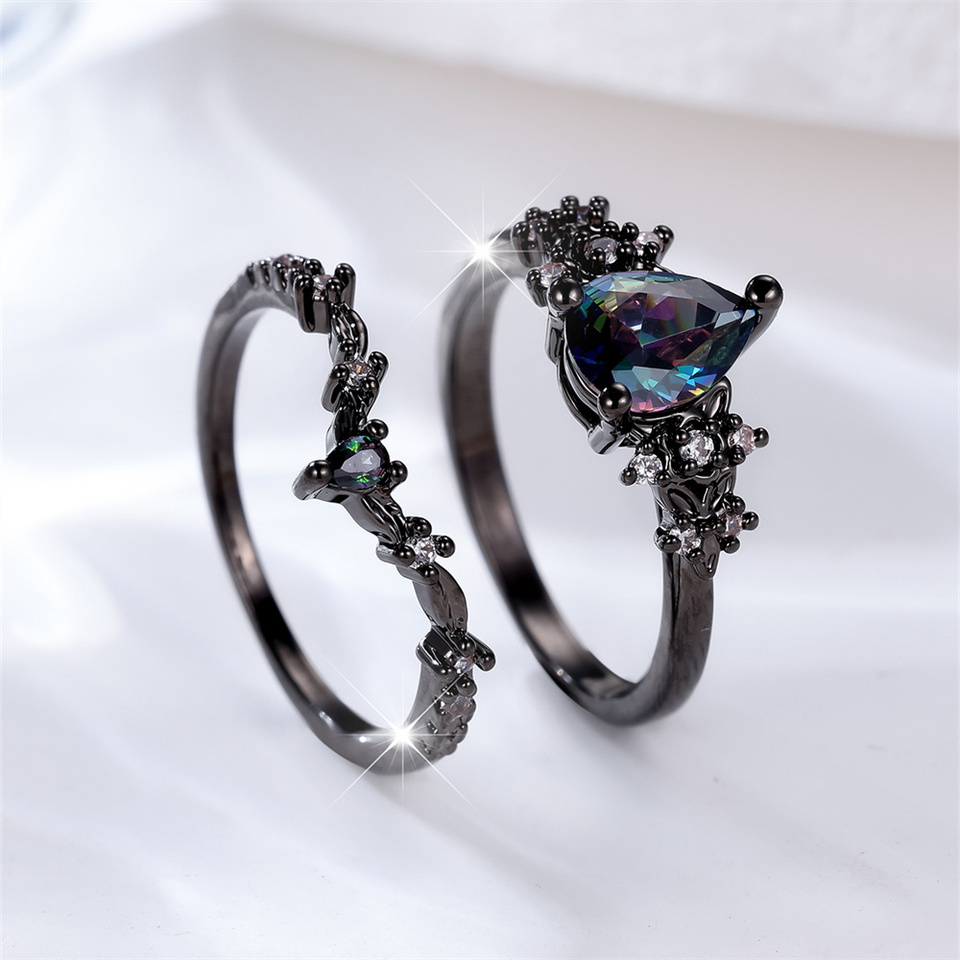  Water Drop Stone Rainbow Crystal Flower Multicolor Zircon Ring Sets For Women Black Metal Engagement Bands Wedding Jewelry Gifts 
