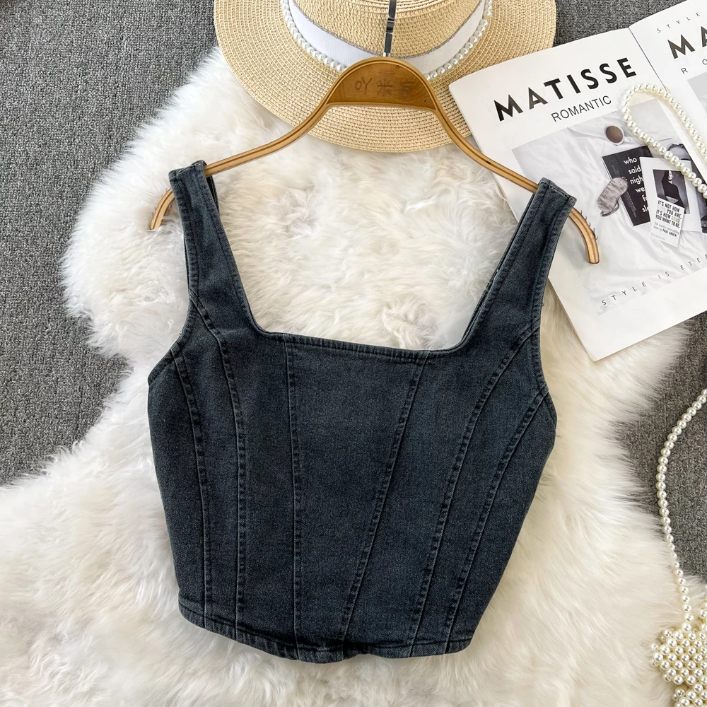 Women Denim Tank Tops Retro Sexy Square Collar Sleeveless Solid Crop Vest Summer Female Zipper Streetwear Short Top