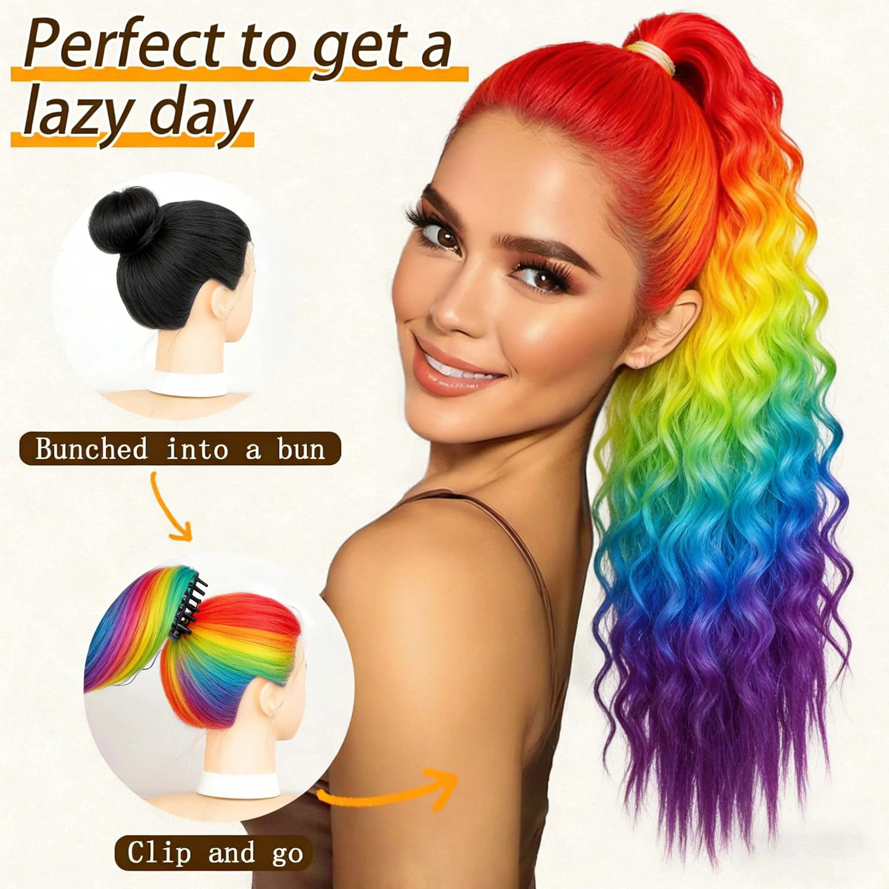 Synthetic Rainbow Claw Long Wavy Ponytail Extension 18-30" Water Wave Curly Pony Tail Clip in Hair Extensions Fluffy Natural view 4
