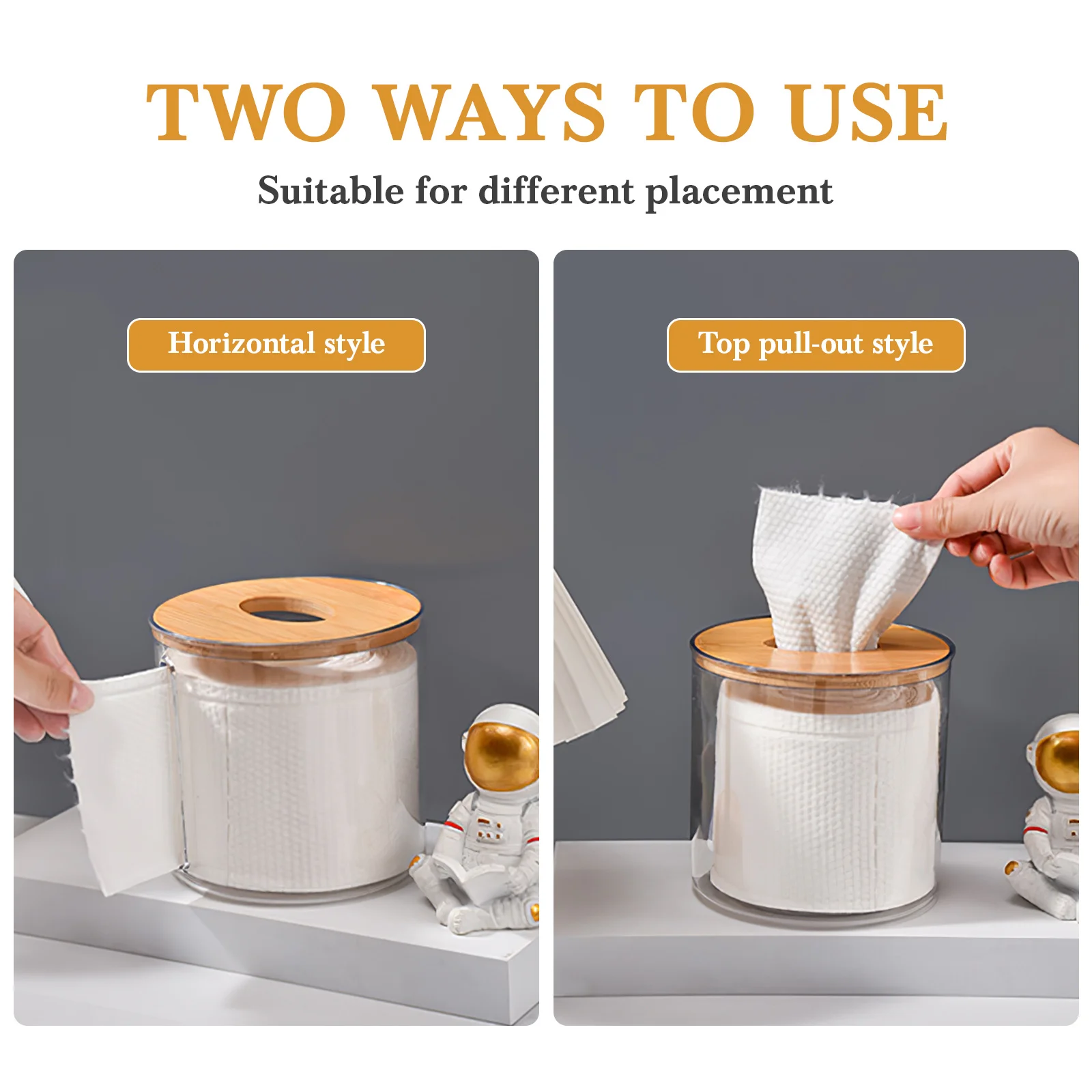 

Clear Round Tissue Box Cover Plastic Napkin Dispenser With Wood Lid Compact Household Paper Towel Holder For Home Office Bedroom