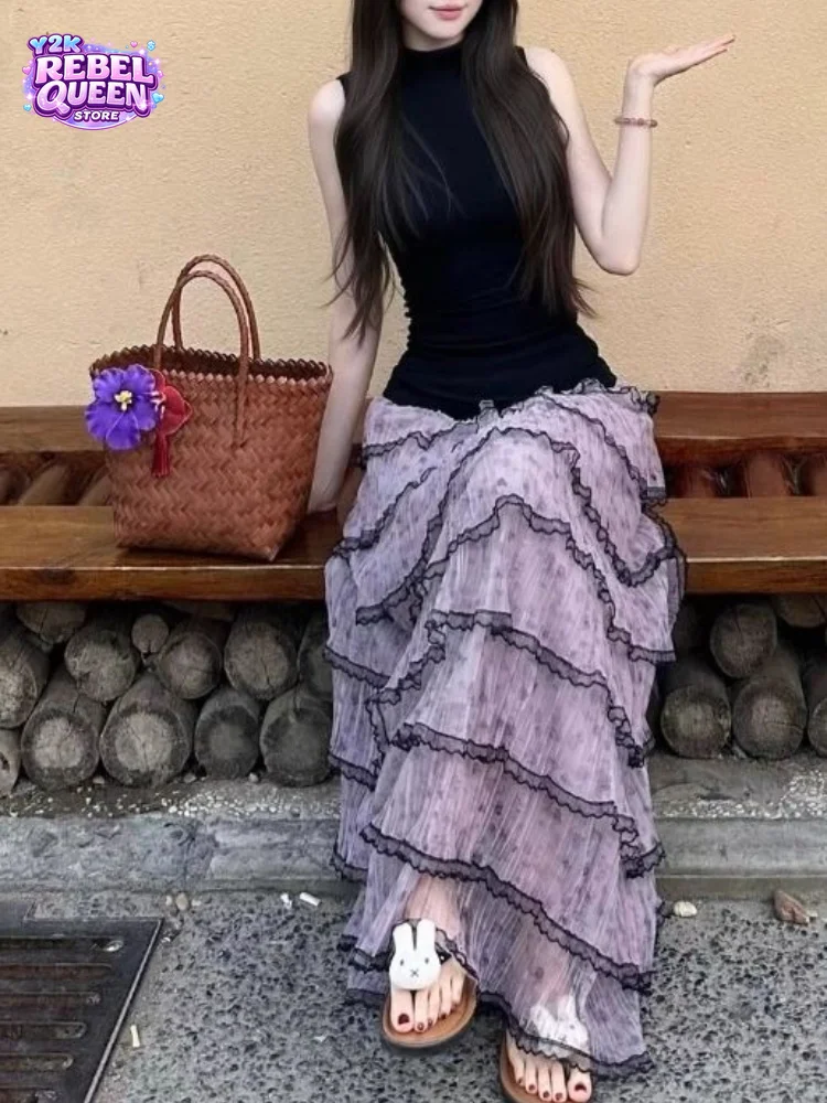 

French Elegant 2 Piece Set Women Purple Floral Layered Ruffle Slim Fit Top + High Waist Maxi Skirt Summer Fashion Casual Outfit