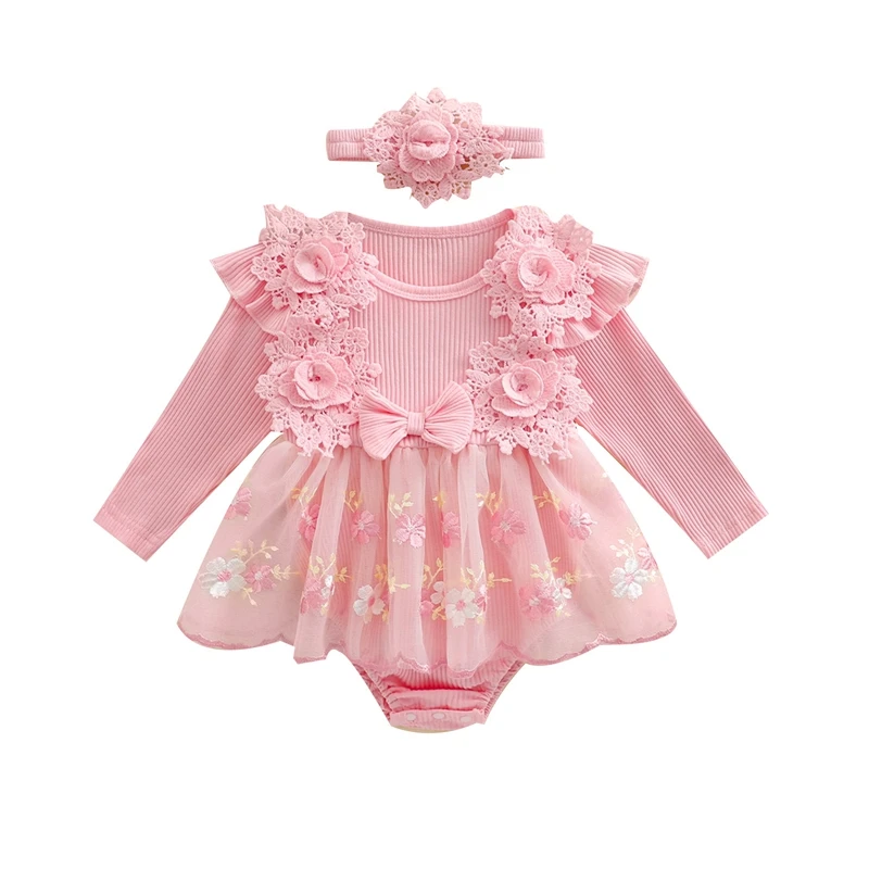 Newborn Baby Girl Clothes Ribbed Romper Tutu Tulle Dress Floral Rmbroidery Princess Dress Cake Smash Outfits