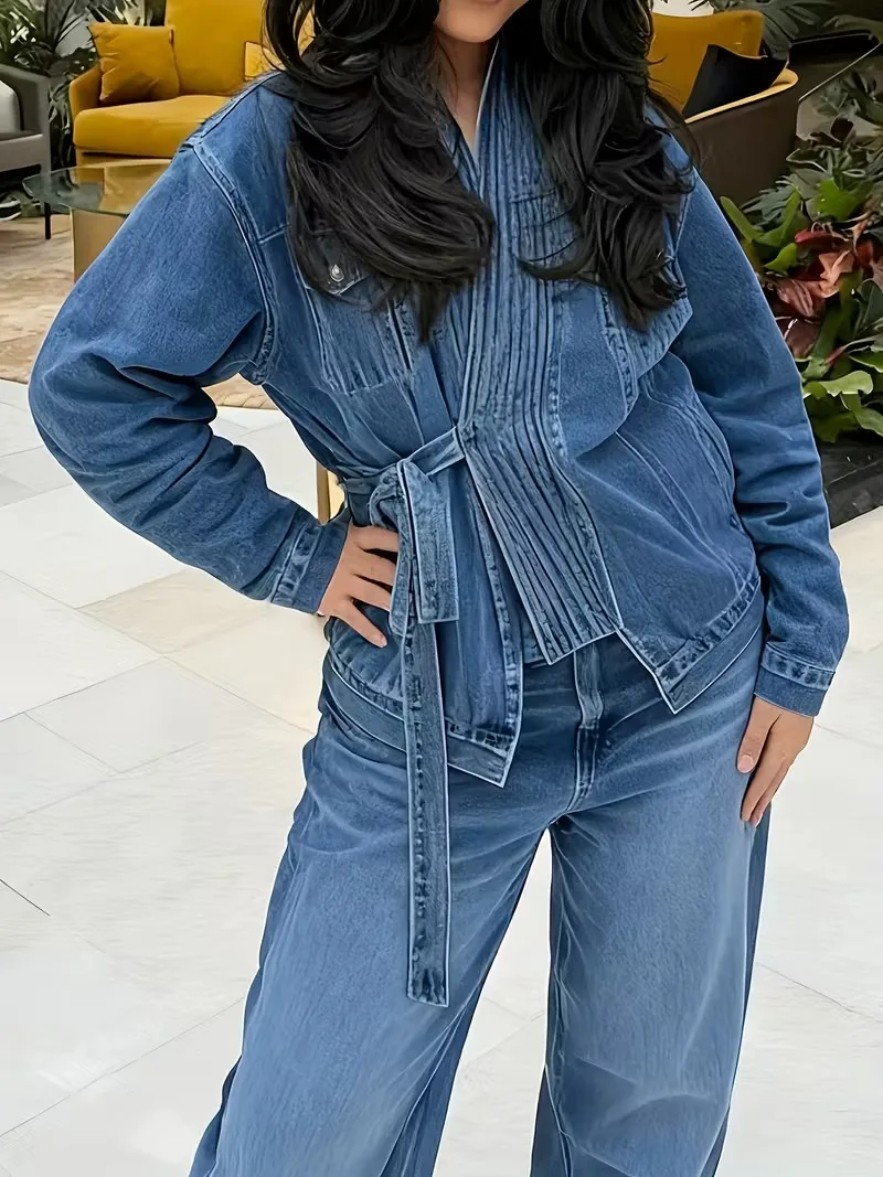 

Women's Elegant Collar Denim Jacket - Lace-Up Short Short Length Coat with Crossover Hem, Buttonless Single-Breasted Front, Mach