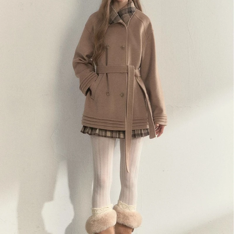 

Temperament Khaki/pink Plaid Neck Double-breasted Belt Retro Woolen Coat 2025 Winter Temperament Coat