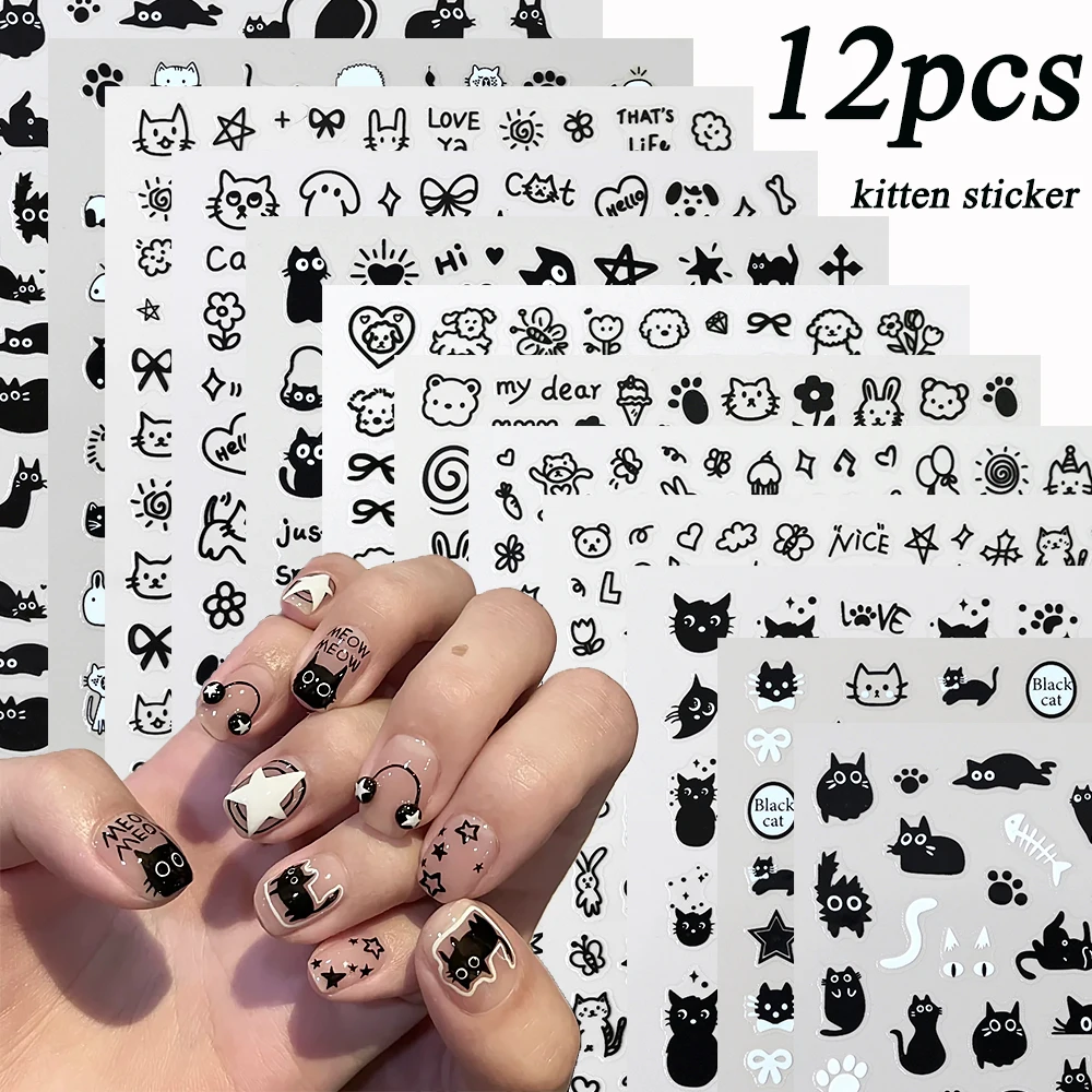 12pcs Cartoon Black Cats Nail Stickers Set Kawaii Graffiti Painting Kitten Dog Animals Nail Decals Heart Star Bow Manicure Decor