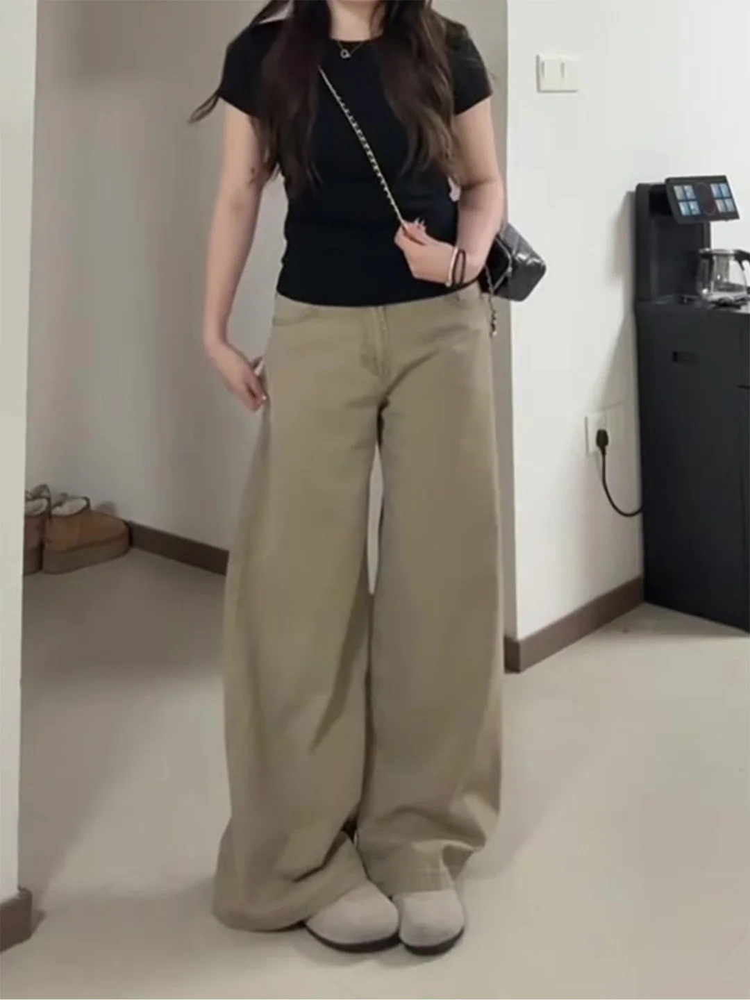 

Summer 2026 Khaki Wide Leg Straight Cut Jeans Women's Slim Fit Trousers American Style High Waist Faded Wash Casual Jeans