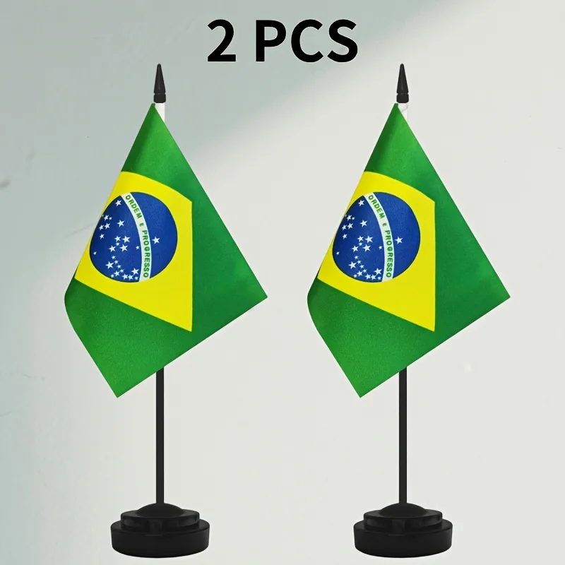 2pcs Brazilian Table Flag 14x21cm Mini Flags with Black Plastic Stand Base, Ideal for Office Desk, Business Meetings Decor
