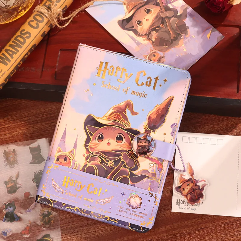 Cartoon Harry Cat Notebook Full Color Page Cute Illustration Magnetic Buckle Soft Leather Diary Student  Notepad