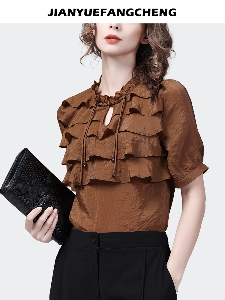 Fashion Cascading Ruffles Women Satin Top 2023 Summer New Short Sleeve Stand Collar Blouses Elegant Vintage Casual Shirts