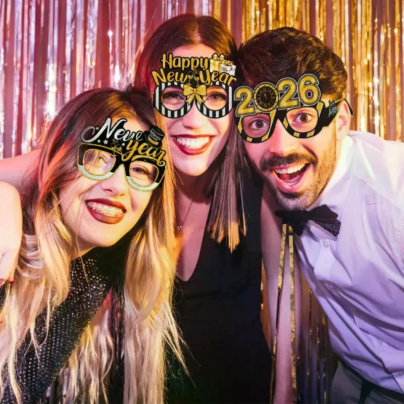 6 قطعة/المجموعة 2026 سنة جديدة سعيدة الذهب الأسود السنة الجديدة ورقة نظارات صور الدعائم